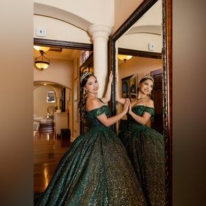 Green and Gold Quincenera dress